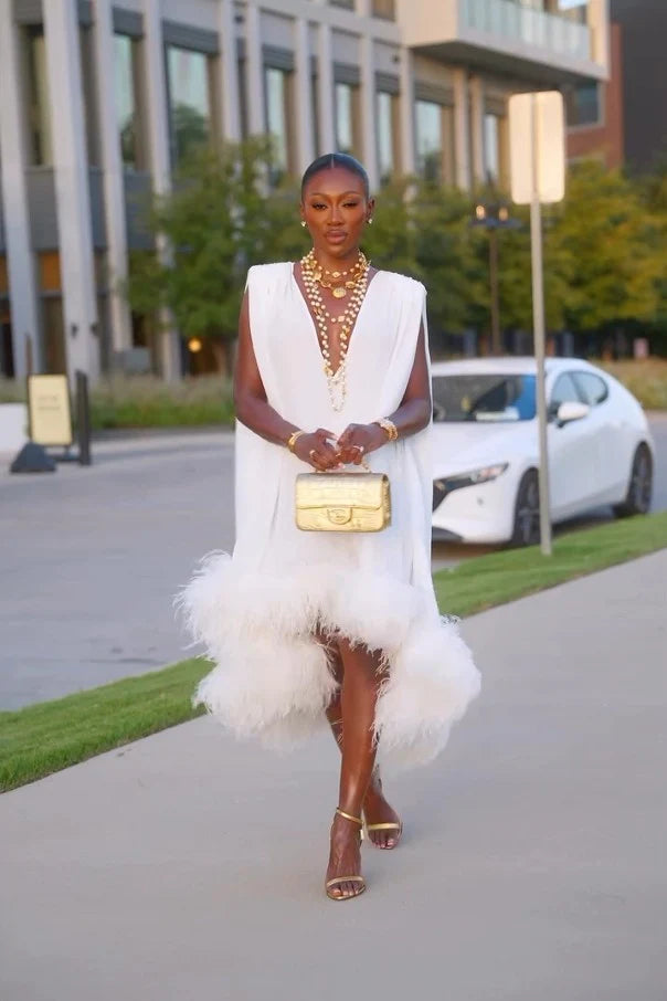 Bessie | Elegant Sleeveless Feather Patchwork Midi Dress